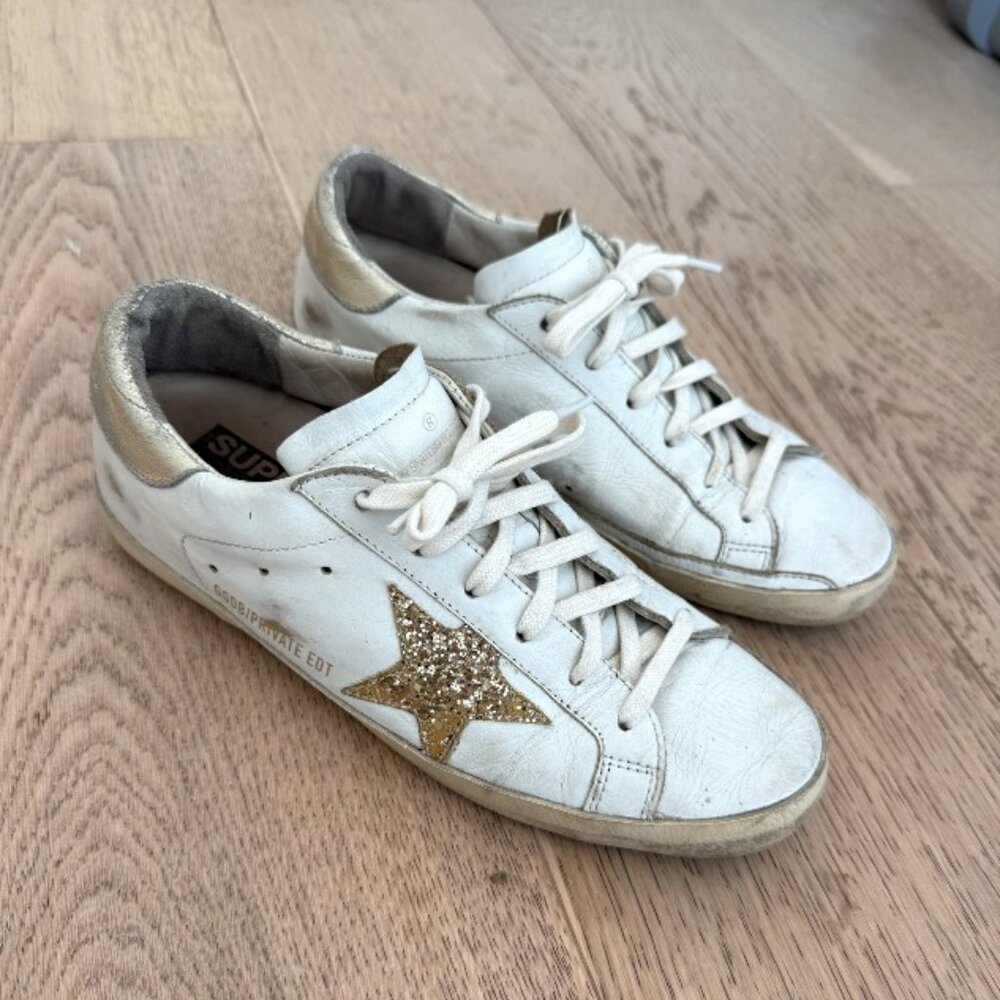 Golden Goose Superstar Leather Glitter Low-Top Sneakers 38 White Gold